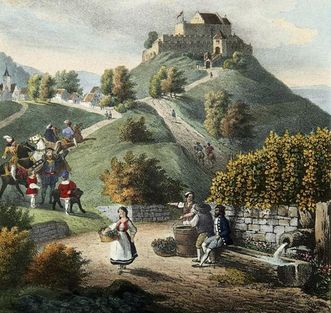 Der Rotenberg mit Burg, Lithografie des Stuttgarter Malers Renz, um 1840