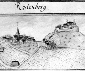 Historische Ansicht des Rotenberg mit Burg von 1685 aus dem Kiesersches Forstlagerbuch 143, 24