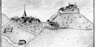 Historische Ansicht des Rotenberg mit Burg von 1685 aus dem Kiesersches Forstlagerbuch